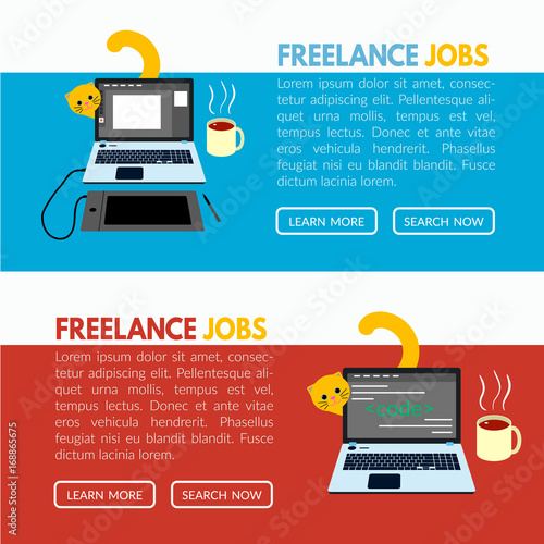 Freelance job banner template with llaptop, cat and cup of tea on a desk illustration photo