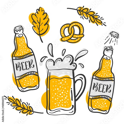 Set of hand drawn beer vector illustration. Beer in glasses and Bottle