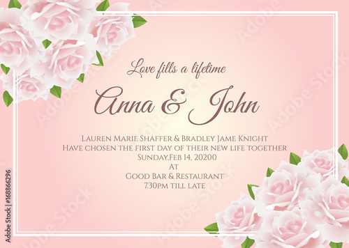 Wedding card - Soft pink rose floral frame on yellow pink background vector template design