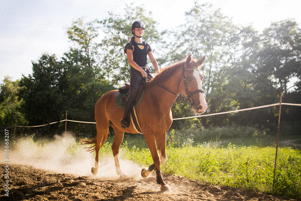 Portrait of young woman riding horse in countryside Portrait of young woman riding horse in countryside