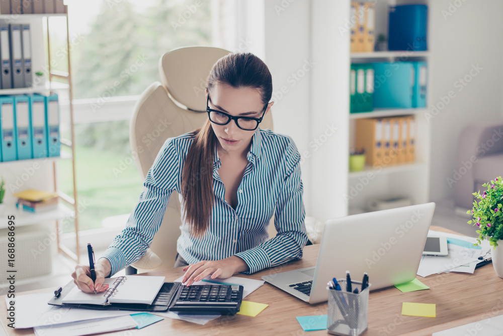 Portrait of serious young businesswoman accountant in formal wear and with pony tale, sitting at her work place and doing notes - obrazy, fototapety, plakaty 