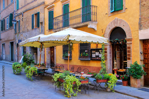 Street cafe in Montalcino town, Val d'Orcia, Tuscany, Italy.