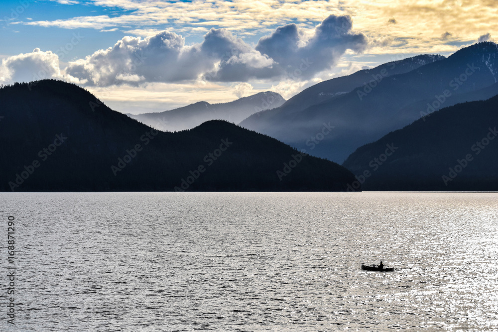 Howe Sound near Vancouver, fishing boat, Rocky Mountains