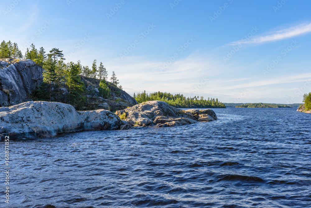 A typical landscape of Ladoga skerries includes rounded stones. Pitkyaranta, Karelia, Russia.