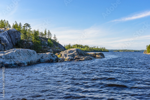 A typical landscape of Ladoga skerries includes rounded stones. Pitkyaranta, Karelia, Russia.