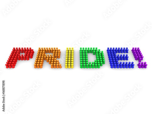 3d render of "PRIDE! " in rainbow colours spelled with figurines