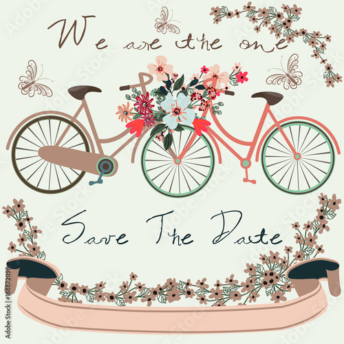 Beautiful vector invitation card save the date with cute bicycles and flowers for design