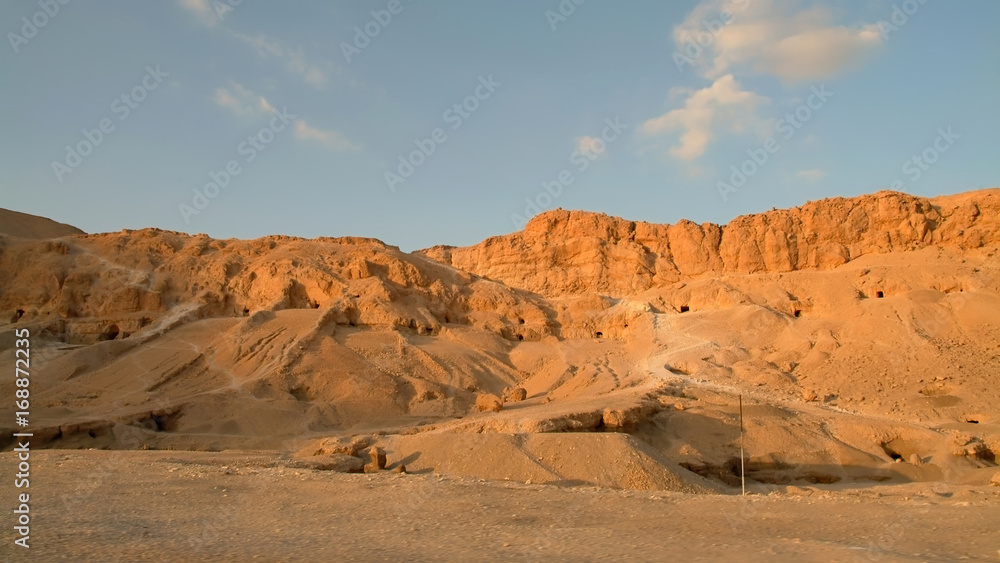 Excavations of ancient tombs in the orange sand hills without people, Luxor, Thebes, UNESCO World Heritage Site, Egypt, North Africa, Africa
