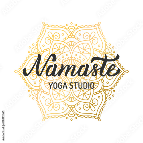 Hand lettering logo for yoga studio. Gilding mandala elements. Vector illustration.