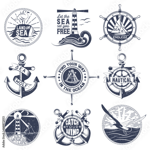 Vector set of badges with a general theme of the sea with the image of a wash, gulls, steering wheel, anchors for your design, printing, print on the T-shirt and the Internet.