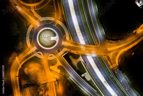 Crossroads and roundabout at night.