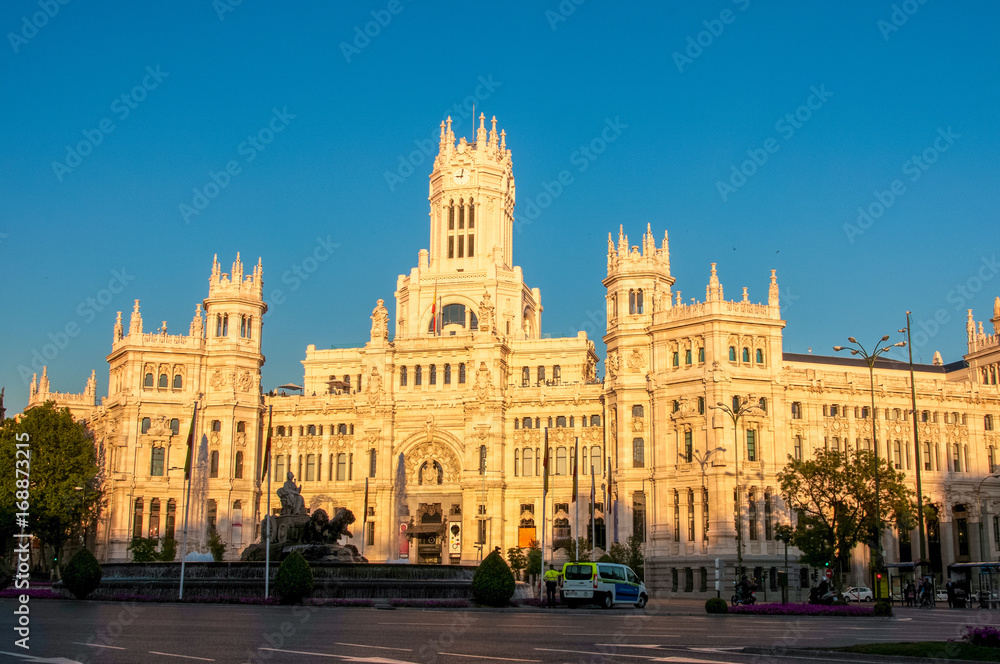 Cibeles Palace in Madrid at sunset, Spain