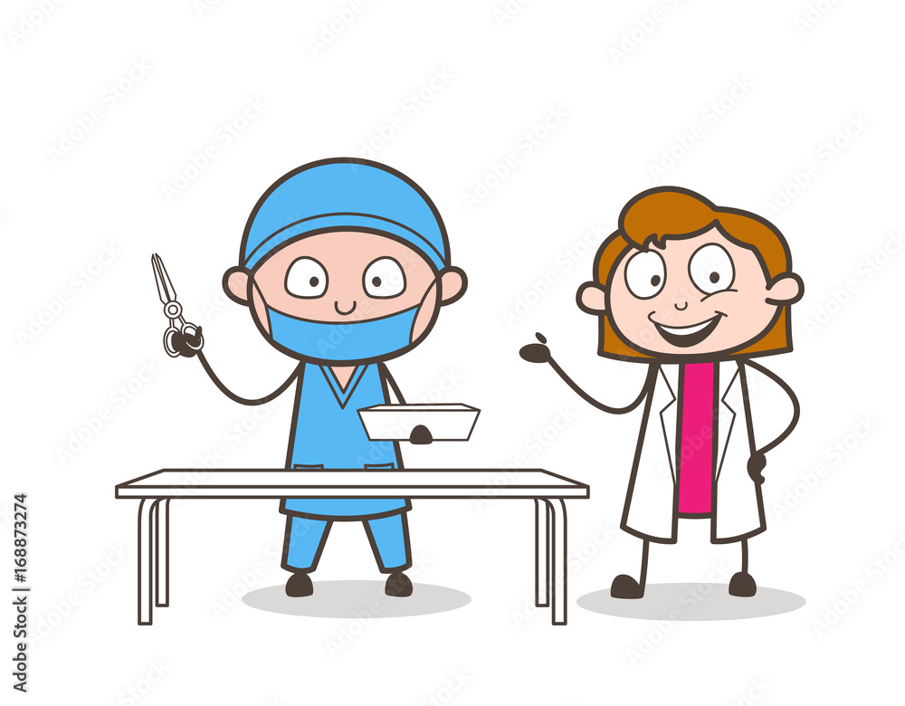 Cartoon Female Doctor Introducing to Cardiologist Surgeon Cartoon Female Doctor Introducing to Cardiologist Surgeon