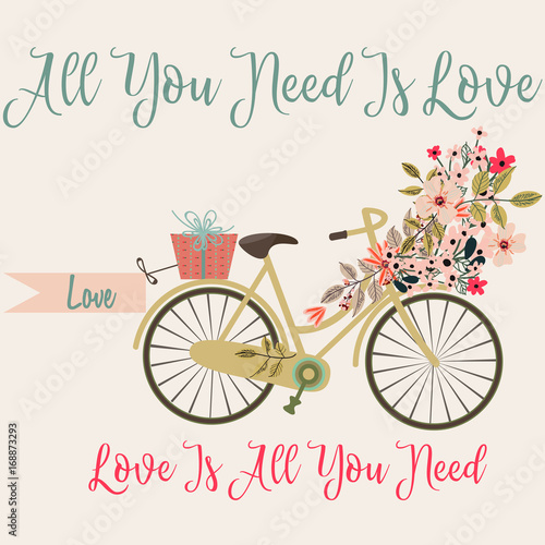 Cute save the date card or valentine with bicycle and flowers, All you need is love