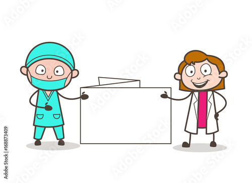 Cartoon Female Doctor and Cardiologist Presenting a Blank Message Banner