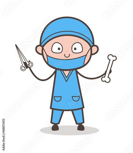 Cartoon Orthopedic Surgeon with Scissors and Bone Vector