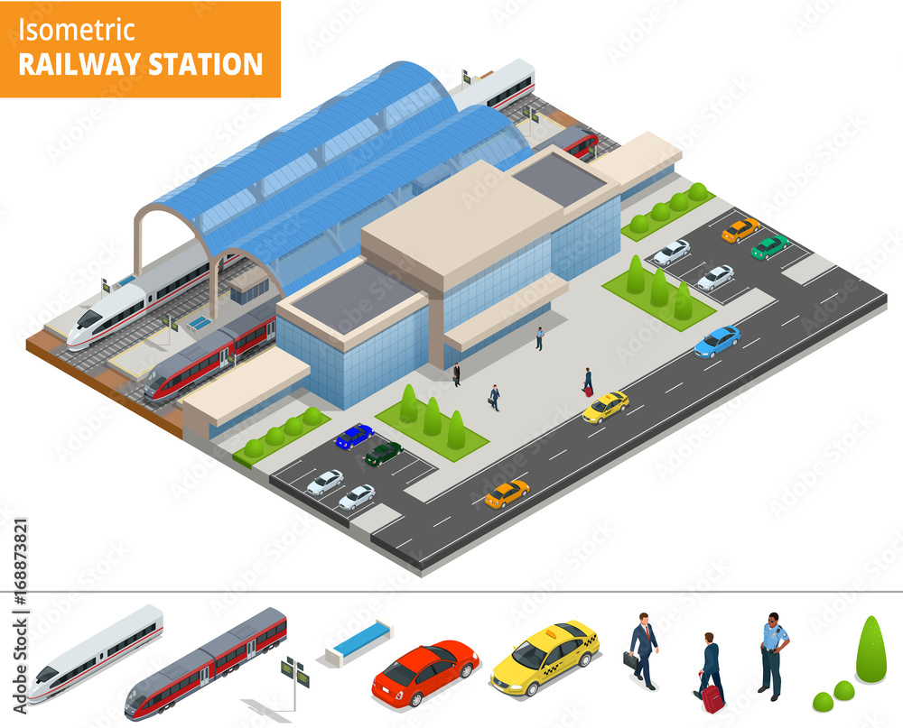 Vetor de Vector isometric infographic element Railway Station Building ...