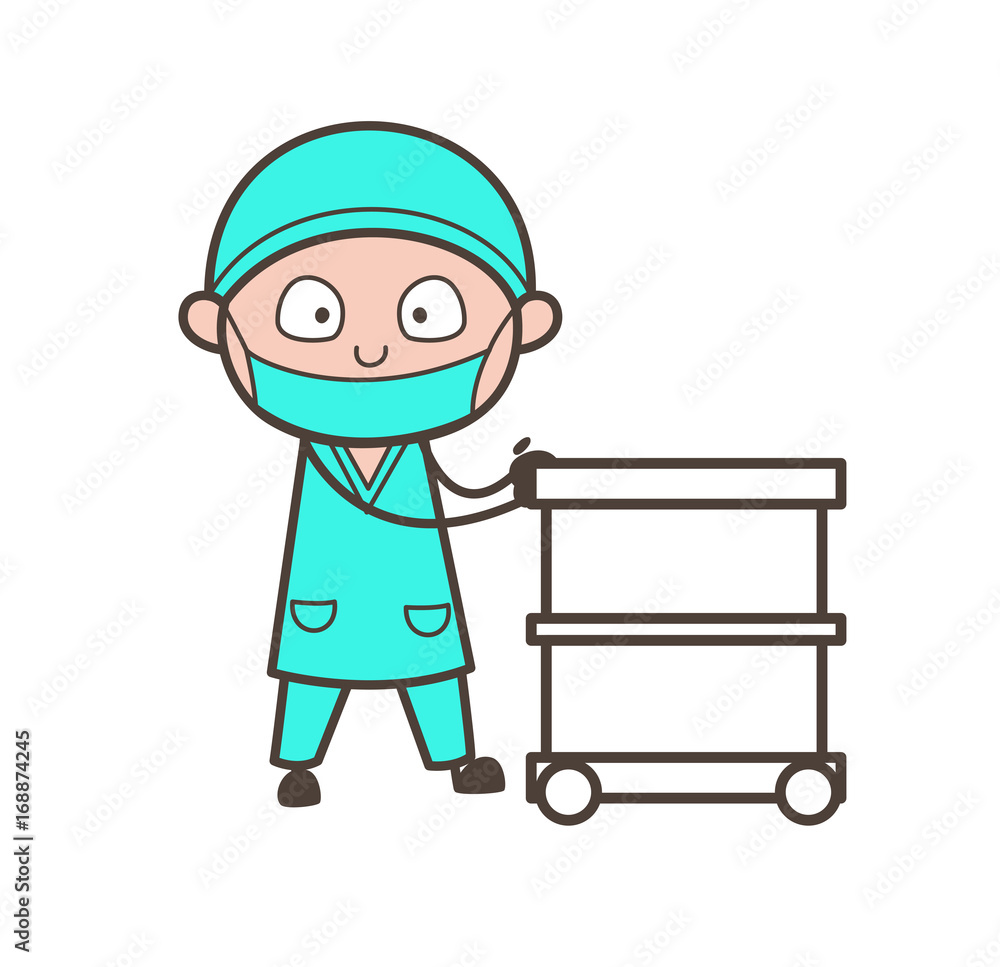 Cartoon Surgeon with Trolley Box Vector Cartoon Surgeon with Trolley Box Vector