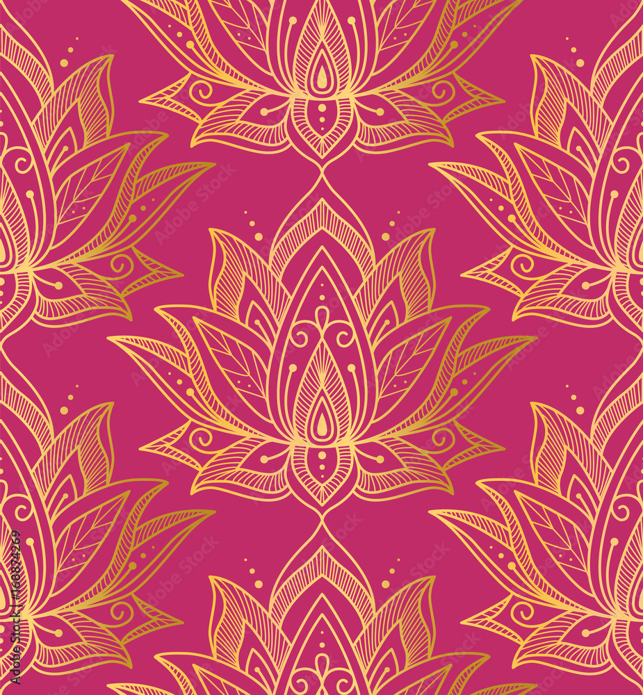 Indian seamless pattern consisting of gilding lotus flowers. Pink background.  Vector illustration. Stock Vector | Adobe Stock