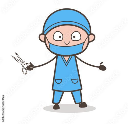 Cartoon Surgeon with Scissors Presenting Concept