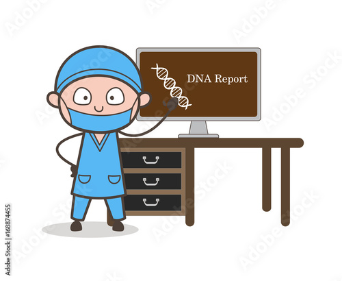 Cartoon Surgeon Presenting DNA Report Vector Concept