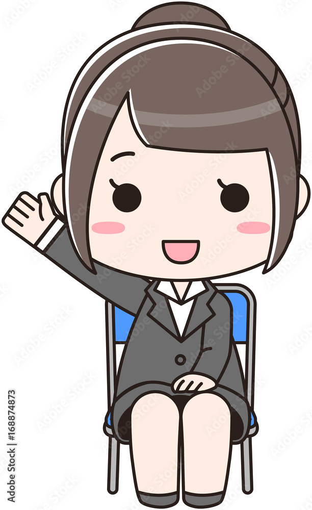 Vettoriale Stock 面接で挙手をして笑顔で質問をする就活中の女性のイラスト | Adobe Stock