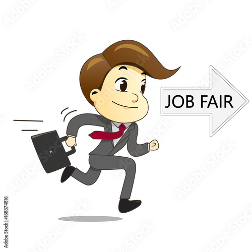 Happy businessman running with briefcase to job fair vector illustration