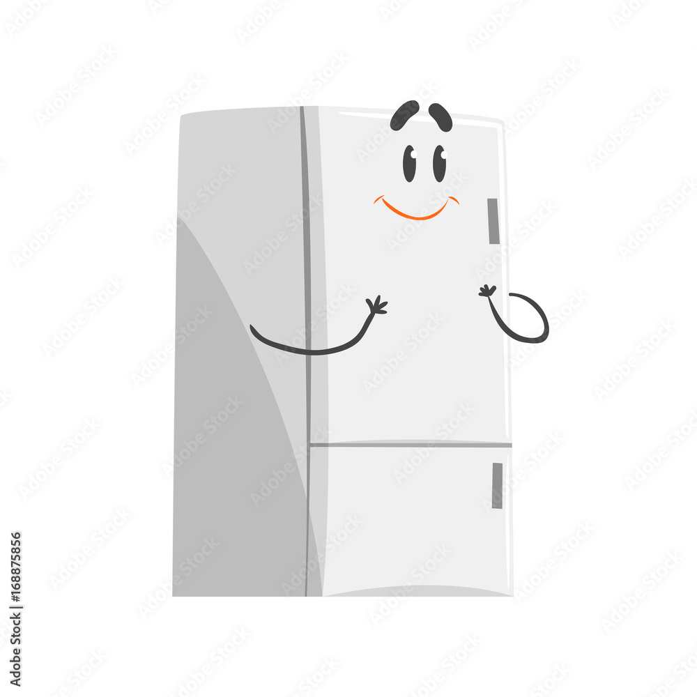 Cute smiling cartoon fridge character, humanized funny home appliance ...
