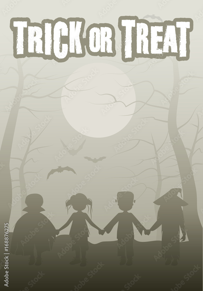 Trick or treat. Group of children in the forest on Halloween night Trick or treat. Group of children in the forest on Halloween night