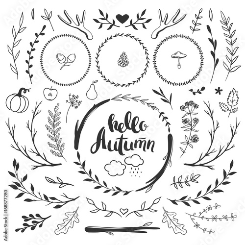 autumn rustic set with floral doodles