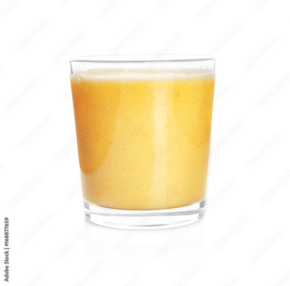 Glass of delicious orange yogurt smoothie on white background Glass of delicious orange yogurt smoothie on white background