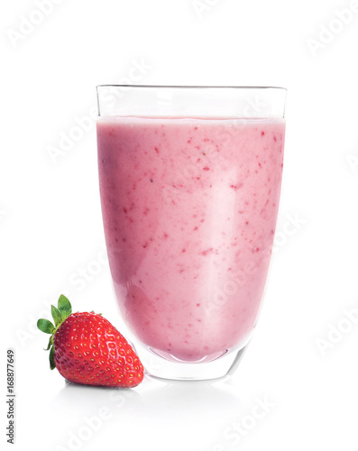 Glass of delicious strawberry yogurt smoothie on white background