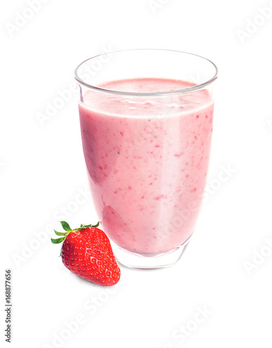 Glass of delicious strawberry yogurt smoothie on white background