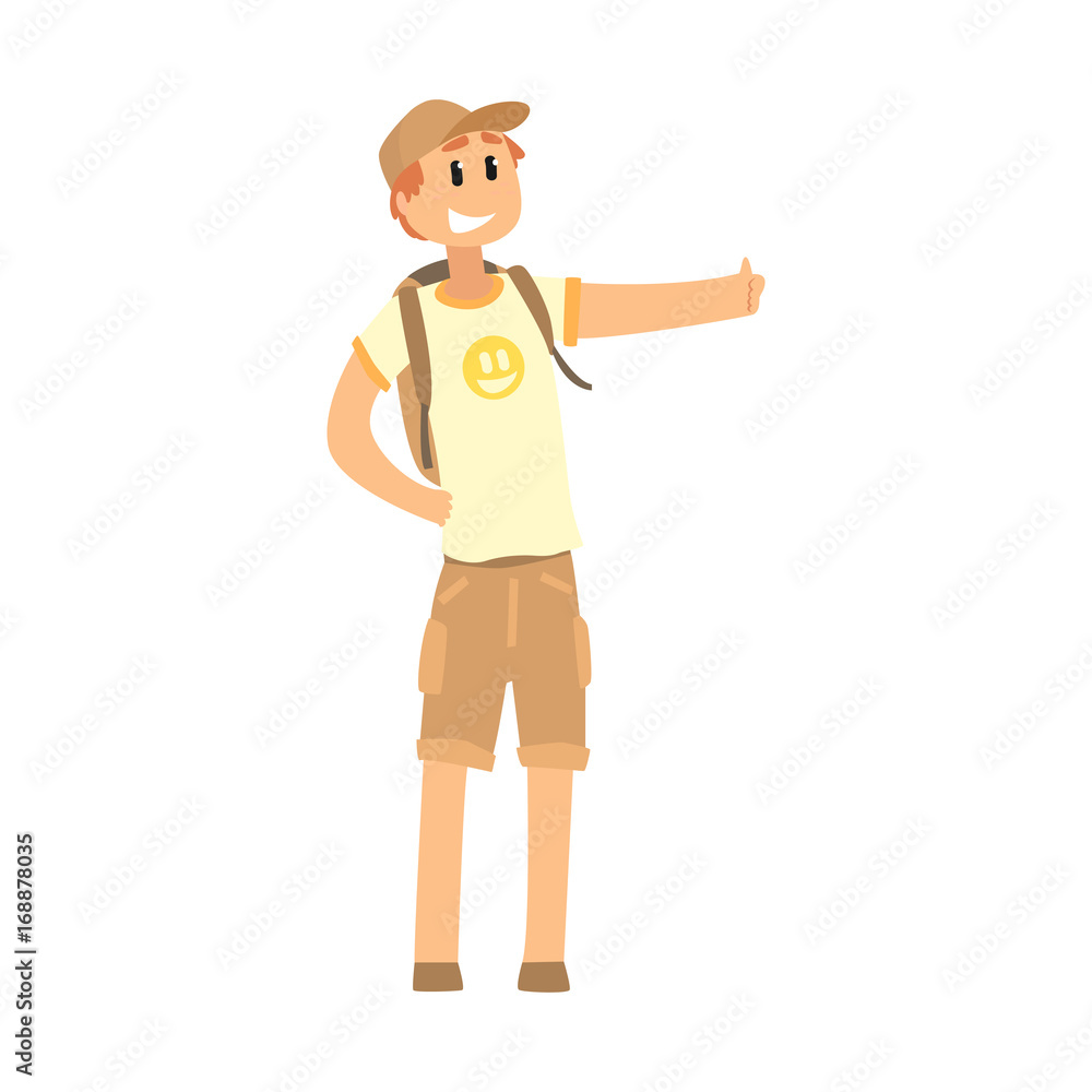 Young smiling man with backpack standing with a sign hitchhiking and raised his thumb up, travelling by autostop cartoon vector Illustration Young smiling man with backpack standing with a sign hitchhiking and raised his thumb up, travelling by autostop cartoon vector Illustration