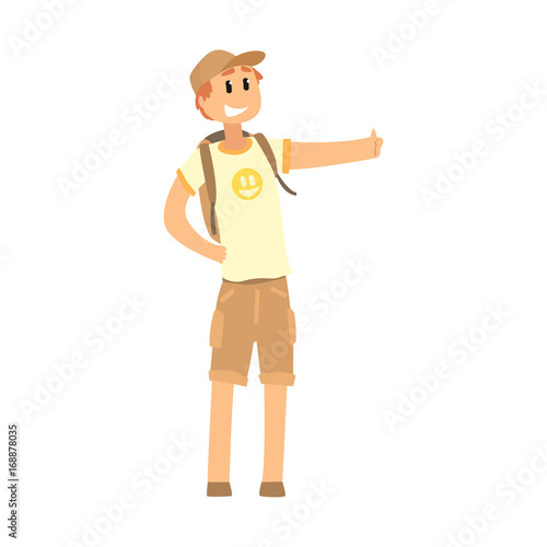 Young smiling man with backpack standing with a sign hitchhiking and raised his thumb up, travelling by autostop cartoon vector Illustration