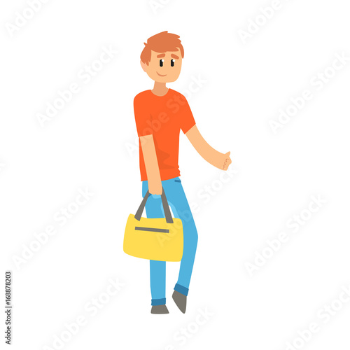 Young man with bag standing with a sign hitchhiking and raised his thumb up, travelling by autostop cartoon vector Illustration