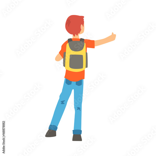 Man with a big backpack stopped a ride by thumbing, back view, travelling by autostop cartoon vector Illustration