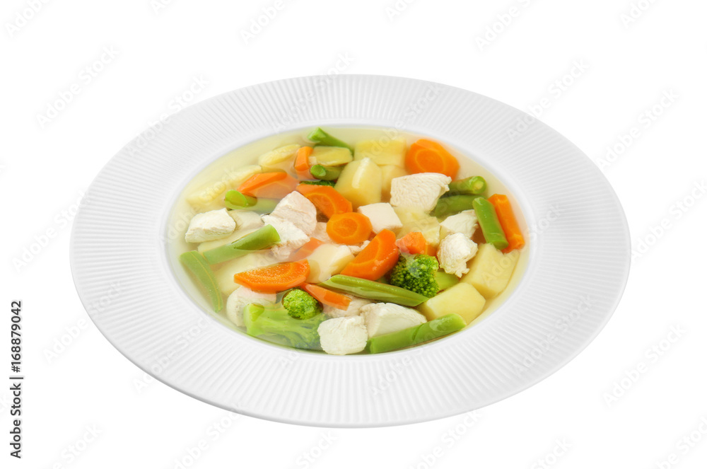 Plate with delicious turkey soup on white background Plate with delicious turkey soup on white background