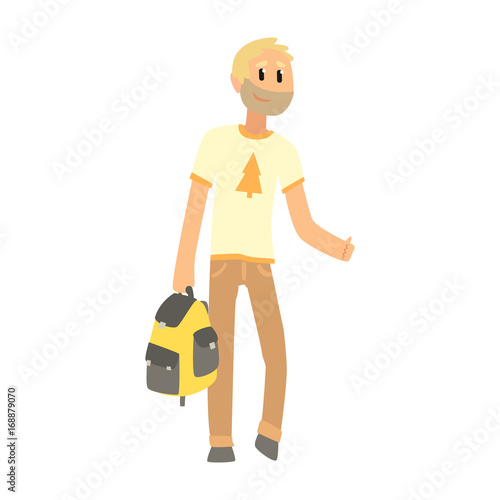 Hitchhiking man with bag trying to stop a car on a highway, travelling by autostop cartoon vector Illustration