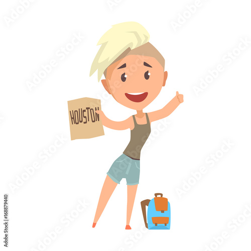Young happy woman standing with a sign hitchhiking, travelling by autostop cartoon vector Illustration