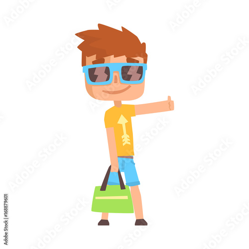 Traveler guy standing with a sign hitchhiking, travelling by autostop cartoon vector Illustration