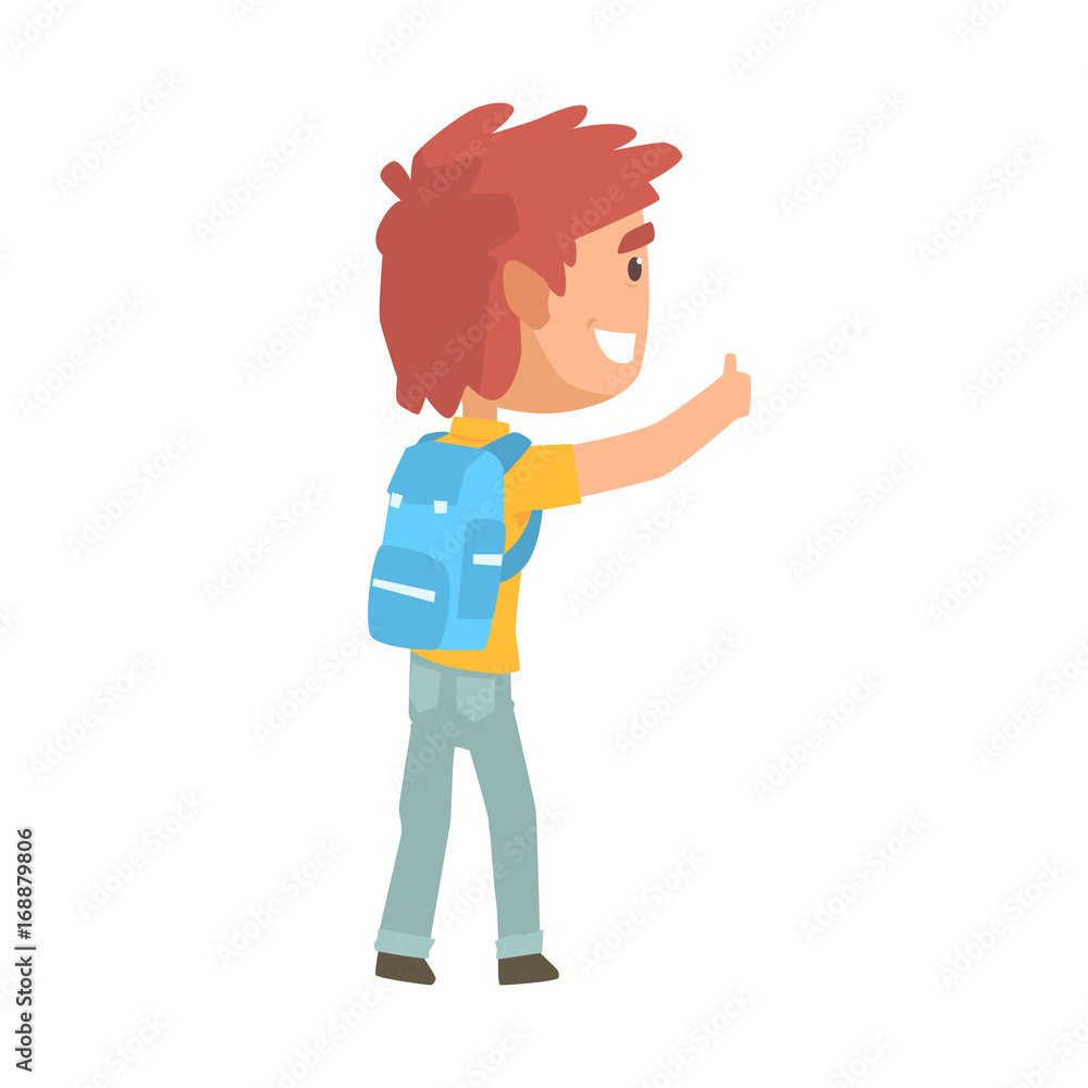 Young tourist man with backpack standing with a sign hitchhiking and raised his thumb up, travelling by autostop cartoon vector Illustration