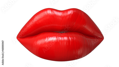 Photographie Woman's lips with red lipstick and kiss gesture, 3D render isolated on white bac