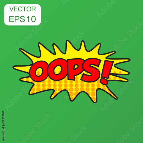 Oops comic sound effects icon. Business concept oops sound bubble speech pictogram. Vector illustration on green background with long shadow.