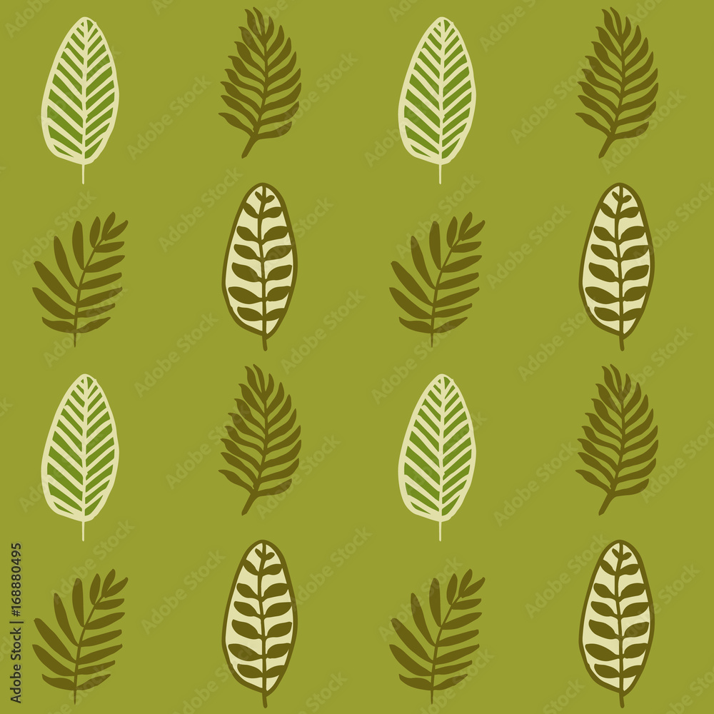 Fototapeta Hand drawn autumnal leaves seamless pattern in green colors V.5
