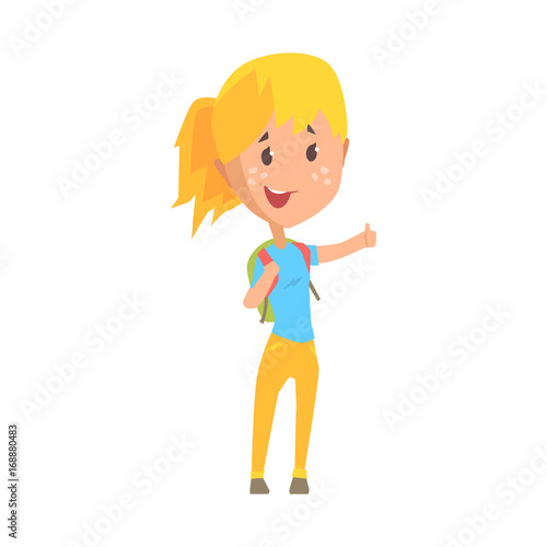 Hitchhiking blonde girl with backpack trying to stop a car, travelling by autostop cartoon vector Illustration