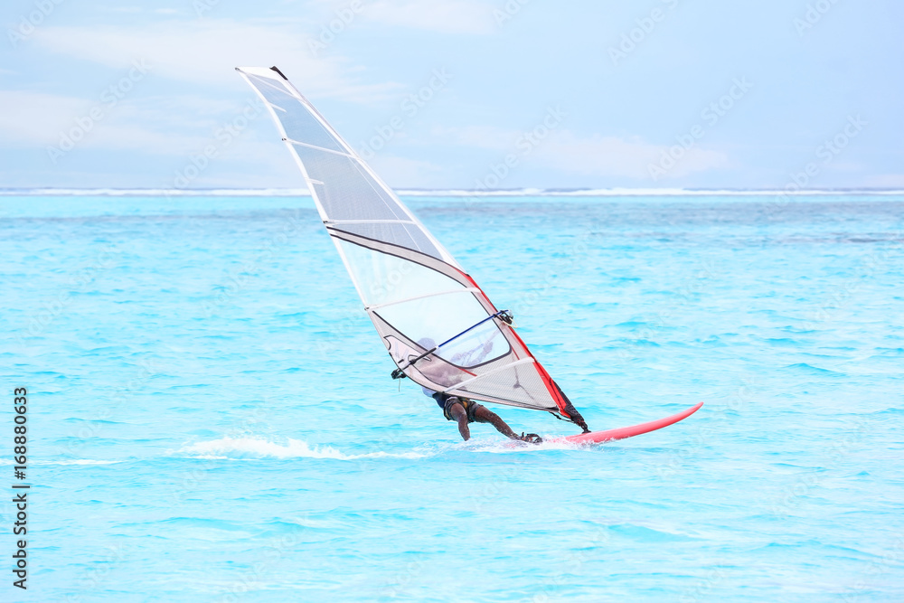 Naklejka premium Man windsurfing at sea resort