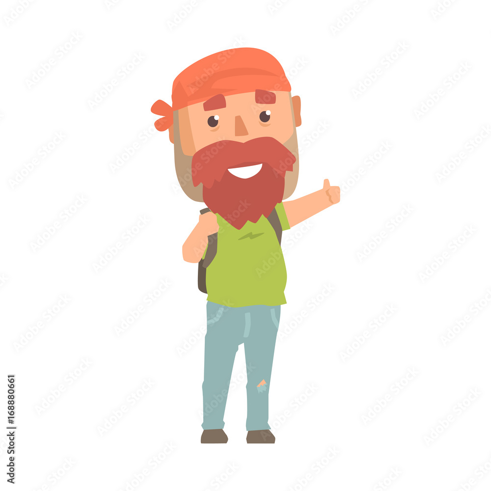 Hitchhiking hipster man with backpack trying to stop a car on a highway, travelling by autostop cartoon vector Illustration