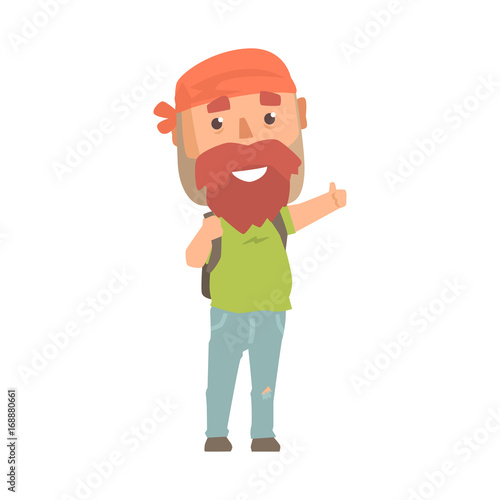 Hitchhiking hipster man with backpack trying to stop a car on a highway, travelling by autostop cartoon vector Illustration