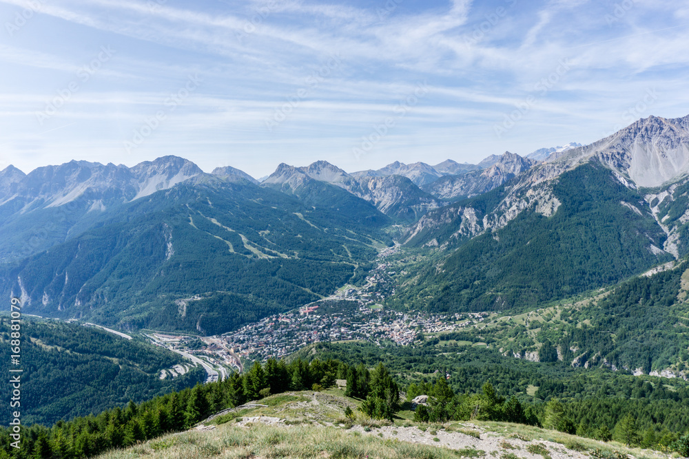 Fototapeta premium Panoramic view of Bardonecchia and village from above, Italy